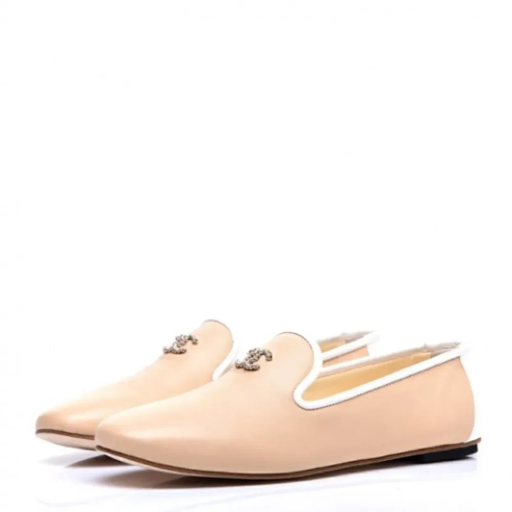 Chanel 2016 Beige/White Leather CC Smoking Loafers size 37.5